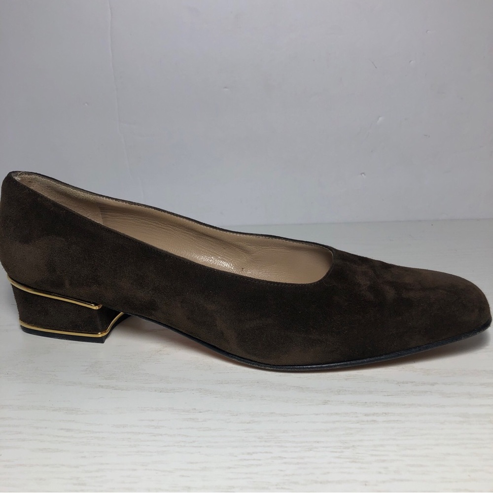 Salvatore Ferragamo Brown Suede Pumps Gold Accent Women Size 6.5B